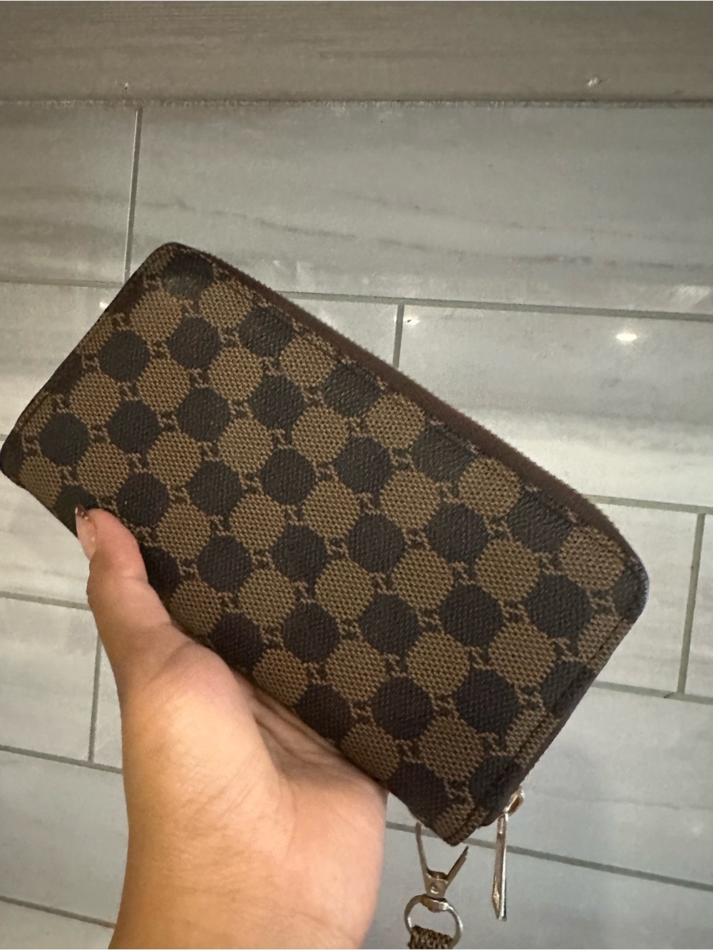 Brown Patterned Zip Card Holder Wallet for Women